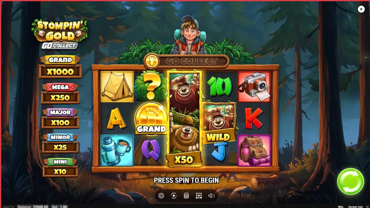 Visual petualangan hutan dalam slot Stompin’ Gold GO Collect