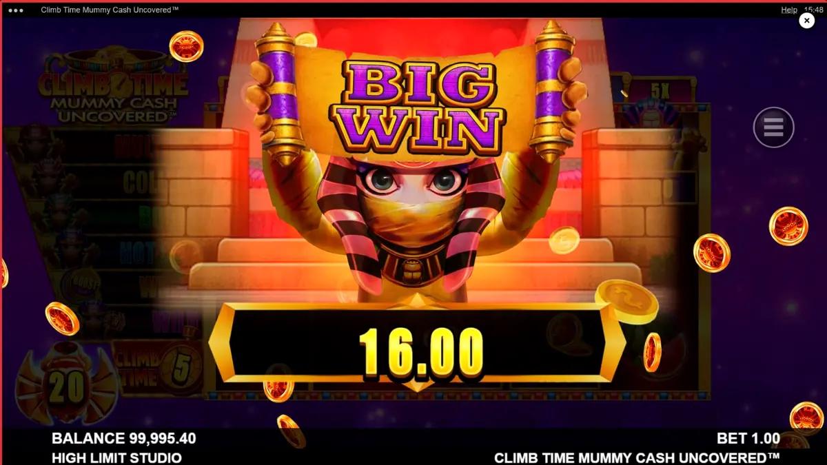Tampilan visual slot Climb Time Mummy Cash Uncovered dengan tema malam Mesir