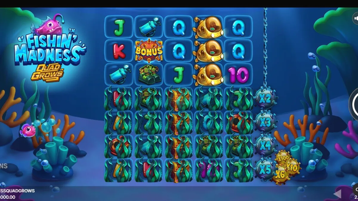 Tampilan visual slot Fishin’ Madness Quadgrows dengan latar bawah laut yang dinamis